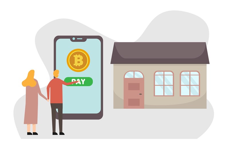 Cryptocurrency vector concept: Young couple buying new house online and paying with bitcoin on mobile phone